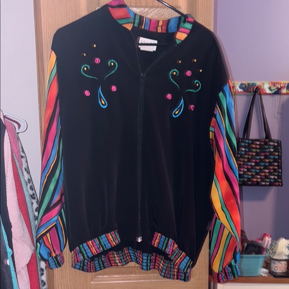 Black Bomber Jacket with Colorful Striped Sleeves - Picture 1 of 5
